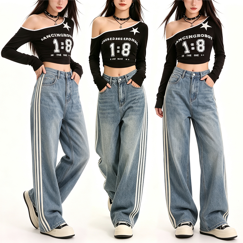 S~5XL Jeans straight-leg pants Blue denim สินค้าขายดี กางเกงยีนส์ขากว้างเอวสูง ลาย3แถบข้าง อเมริกันวินเทจ ผู้หญิง HOT