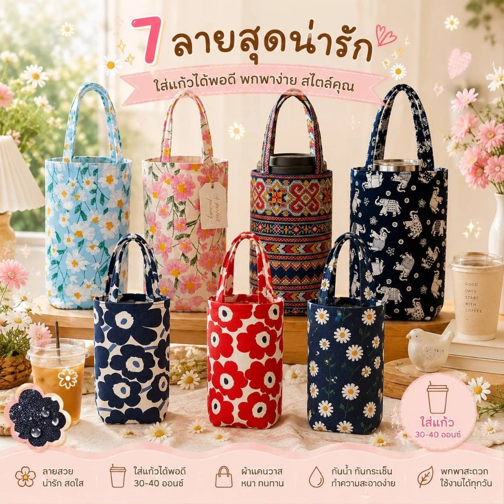 (ส่งด่วน กดตะกร้านี้) ถุงผ้าใส่แก้วน้ำ ถุงใส่แก้วเยติ มีหูหิ้ว พกพาสะดวก