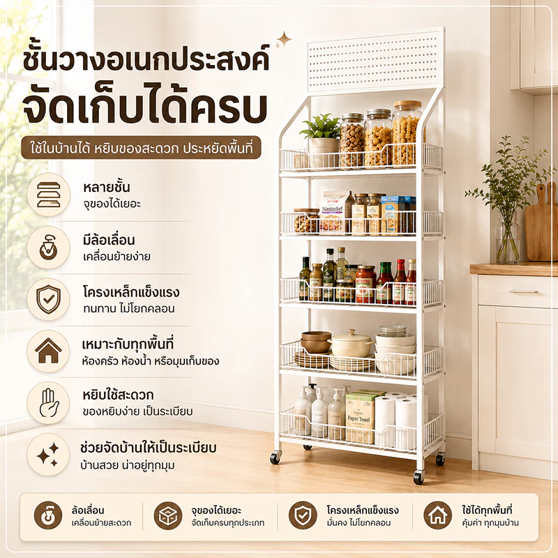ชั้นวางของเหล็ก 3-5 ชั้น ขนาด 50/60 ซม. ชั้นวางสินค้าอเนกประสงค์ สำหรับบ้าน ร้านค้า ห้องครัว แข็งแรง ส่งจากไทย SNZESKE
