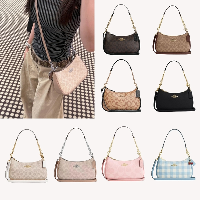 🔥แท้💯%🔥Coach Teri 24 Shoulder Bag In Signature Canvasกระเป๋าสะพายข้างซิปเปิด-ปิด สายปรับความยาวได้