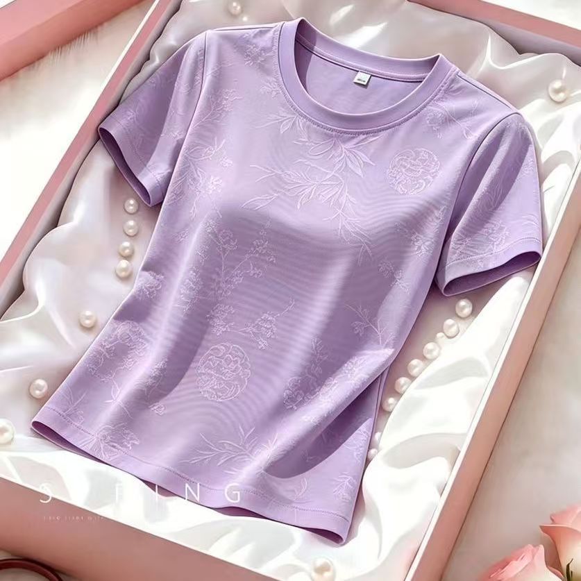เสื้อยืดแขนสั้นดีไซน์เก๋ไม่ซ้ำใครสำหรับคุณแม่ เหมาะสำหรับฤดูร้อน ลายดอกไม้ใหม่ล่าสุด เก๋ไก๋ สบายๆ และเรียบง่าย