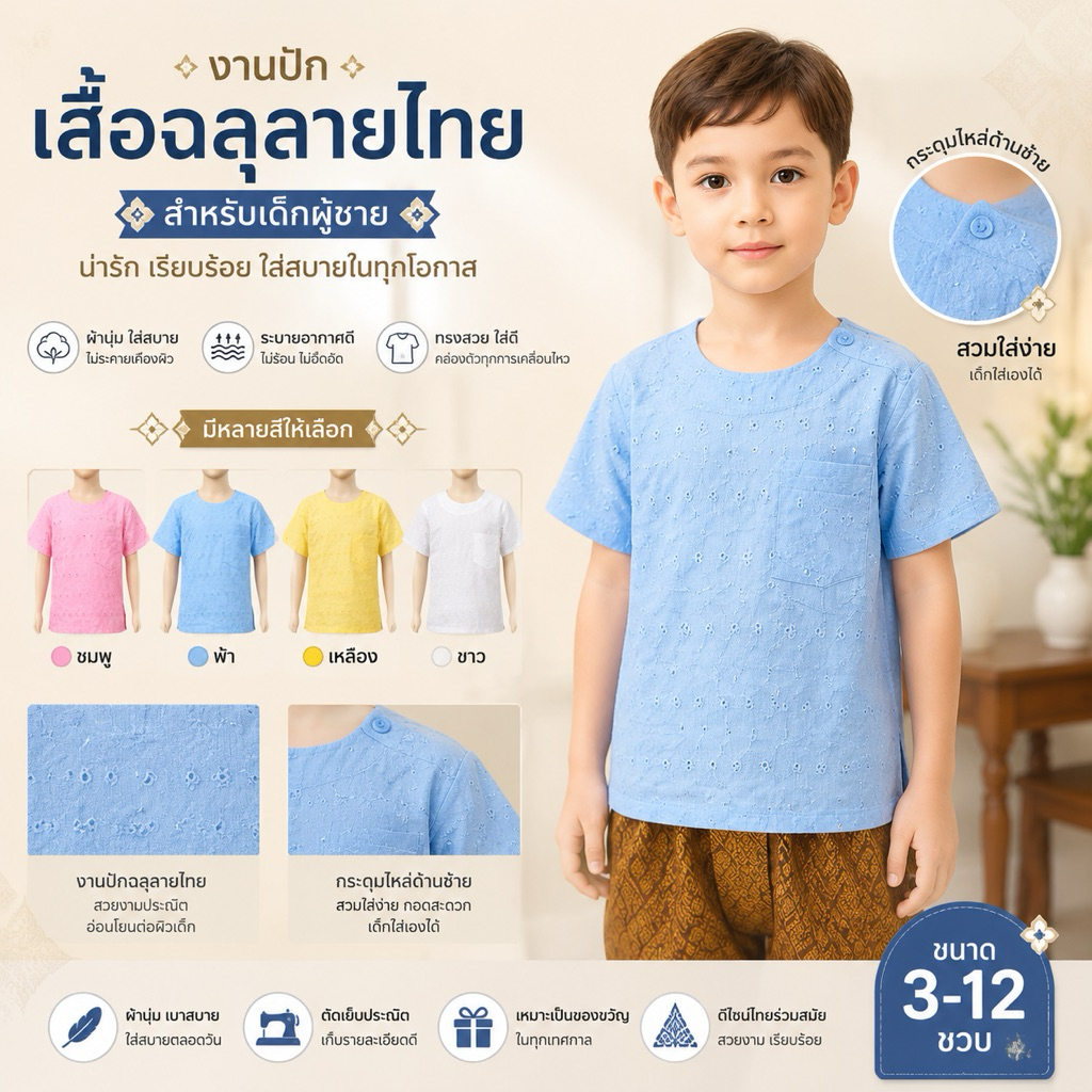 เสื้อผ้าไทยลายฉลุ สำหรับเด็กผู้ชาย" จากร้าน ละมุนละไม ชุดเด็ก ที่ออกแบบมาให้ตอบโจทย์ทั้งความหล่อและฟังก์ชันการใช้งาน