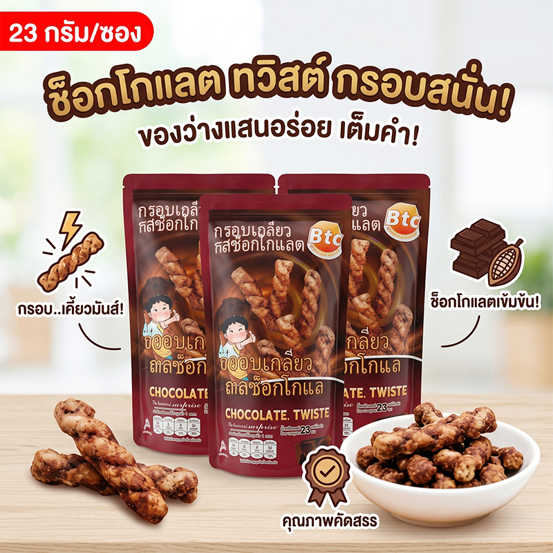 ขนมกรอบเกลียว BTC รสช็อกโกแลต Chocolate Twists ขนมทานเล่น รสชาติเข้มข้น กรอบอร่อย 23 กรัม