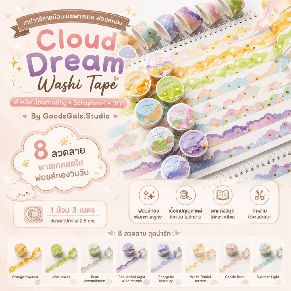 Cloud Dream Washi Tape เทปวาชิลายก้อนเมฆพาสเทล ฟอยล์ทอง สำหรับ Journaling Scrapbook DIY ByGoodsgals.Studio