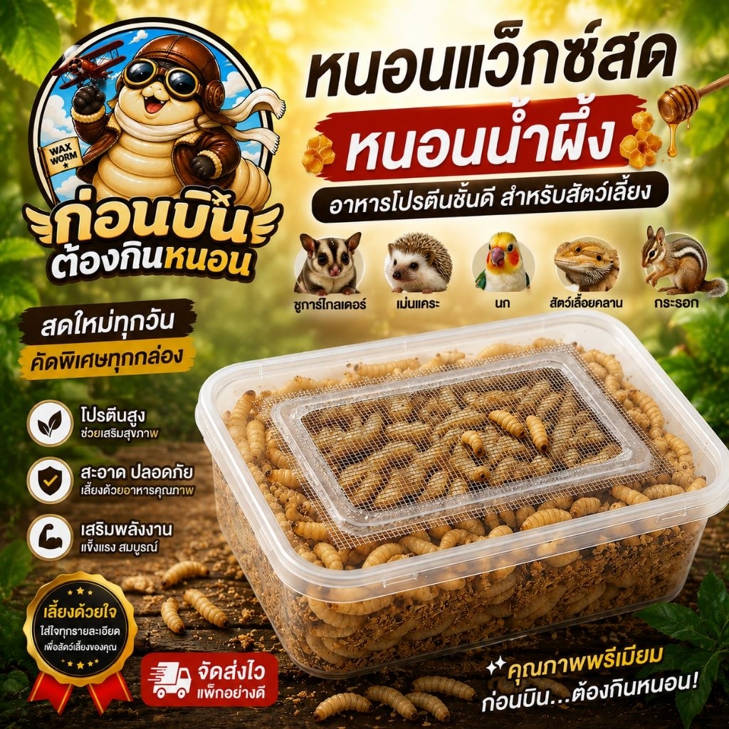 [ก่อนบินต้องกินหนอน] หนอนแว๊กซ์ Waxworms คัดคุณภาพ โปรตีนสูง สำหรับชูการ์ไกลเดอร์ เม่นแคระ นก สัตว์เลื้อยคลาน