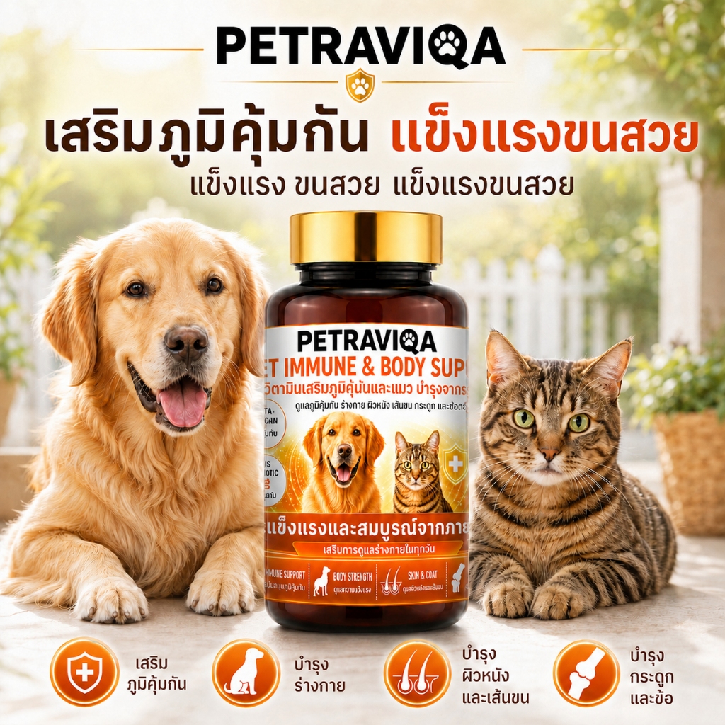 PETRAVIQA วิตามินเสริมภูมิและบำรุงจากภายใน สุนัข แมว แข็งแรง ขนสวย ไม่ป่วยง่าย ไม่ผอม 100 เม็ด