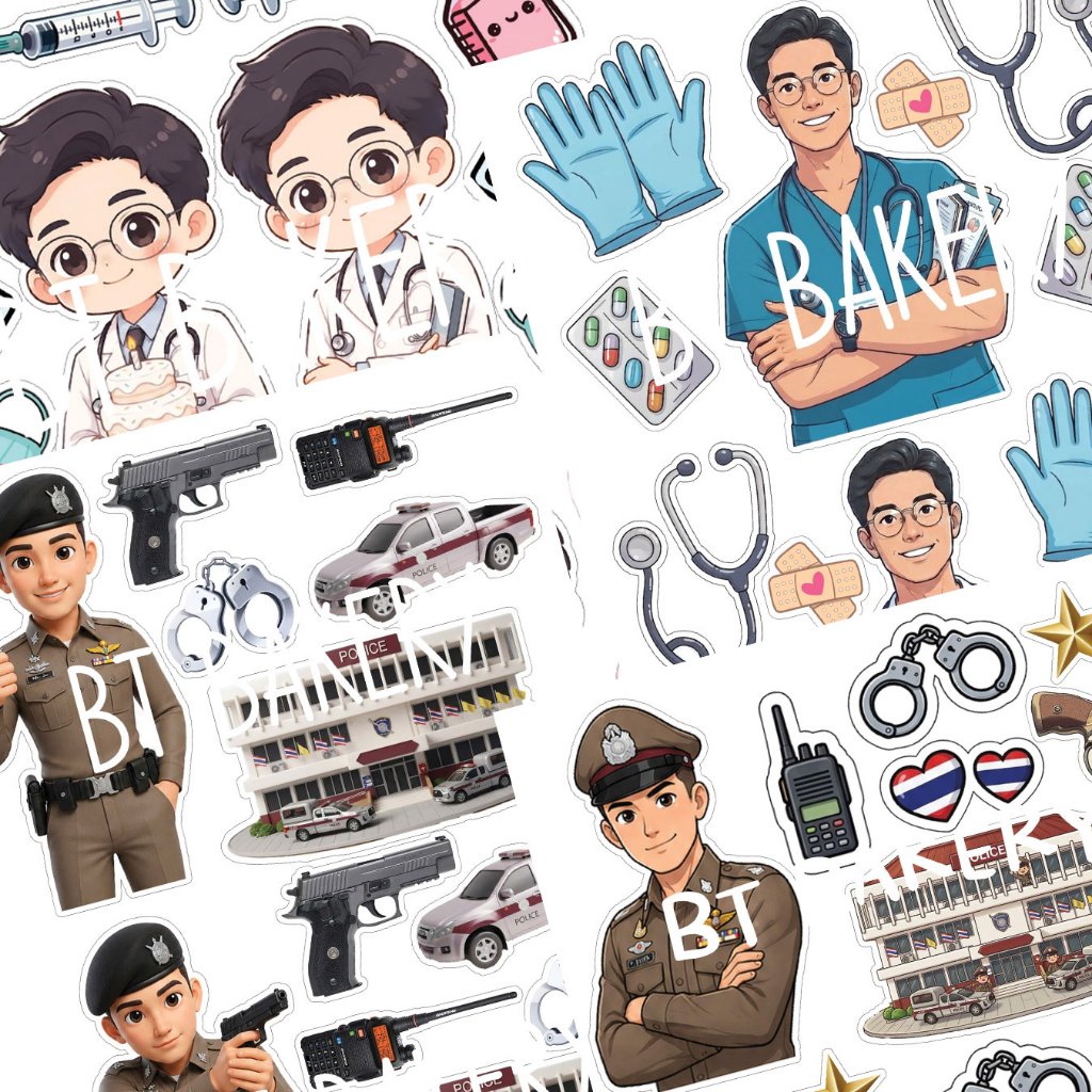 พร้อมส่ง ภาพปักตกแต่งเค้ก โฟโต้ เวเฟอร์ ชูการ์ชีท อาชีพ ตำรวจ หมอ พยาบาล