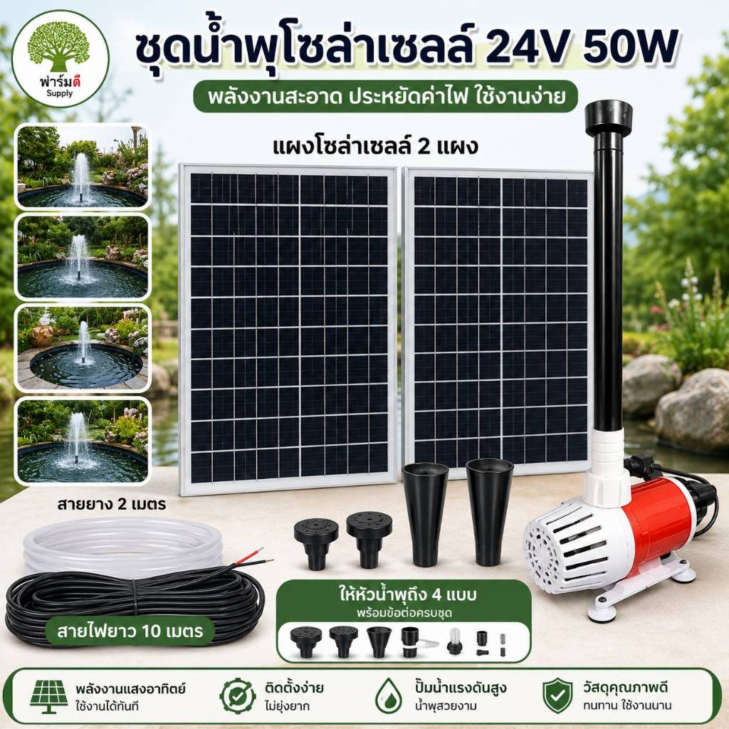 ชุดน้ำพุโซล่าเซลล์ 24V 50W พร้อมแผงโซล่าเซลล์ขนาด 35×45cm. พร้อมอุปกรณ์หัวน้ำพุ 4 แบบ และอุปกรณ์ในกา