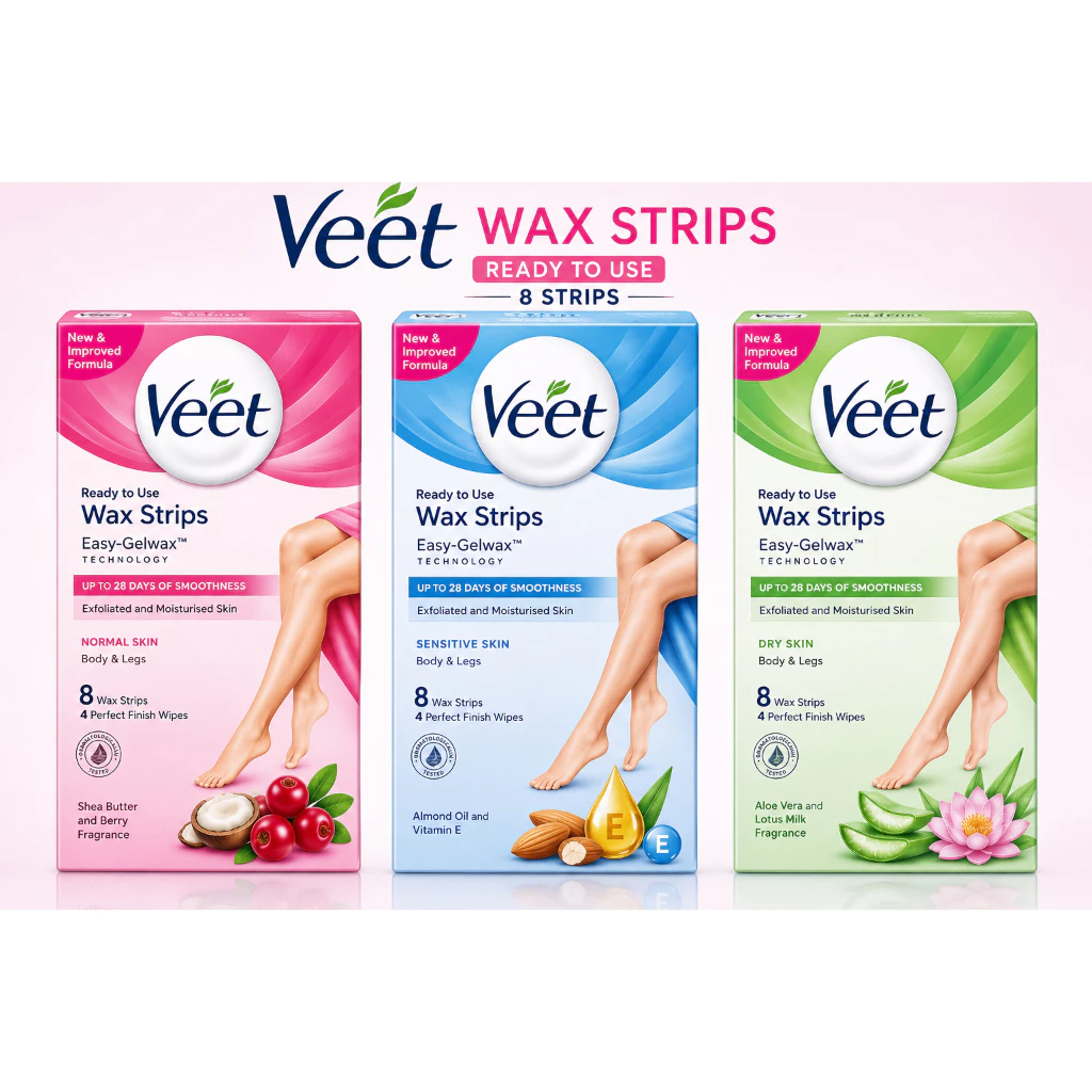 (ซื้อในไลฟ์ 72 บาท)แผ่นแว็กซ์ขจัดขน Veet Waxstrips แว็กซ์สตริปส์ 1 กล่อง (กล่องอาจจะมีไม่สวยบ้าง)