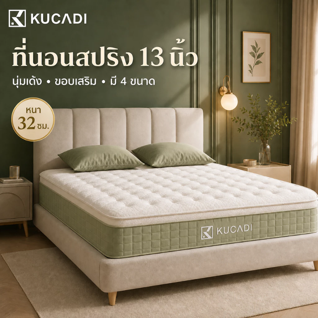 KUCADI ที่นอนสปริง หนา 13 นิ้ว ขอบเสริม ผ้าบุนุ่ม นุ่มเด้ง รองรับสรีระ มี 4 ขนาด 3/3.5/5/6 ฟุต