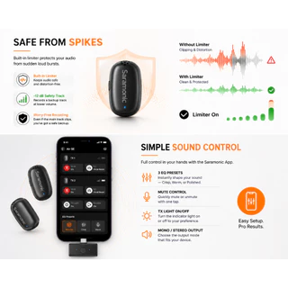 Saramonic Air SE ไมค์ไร้สาย AIตัดเสียงรบกวน 40dB 2-in-1 หนีบปก/มือถือ Hi-Res48kHz ระยะ 200m สำหรับ iPhone Android กล้อง