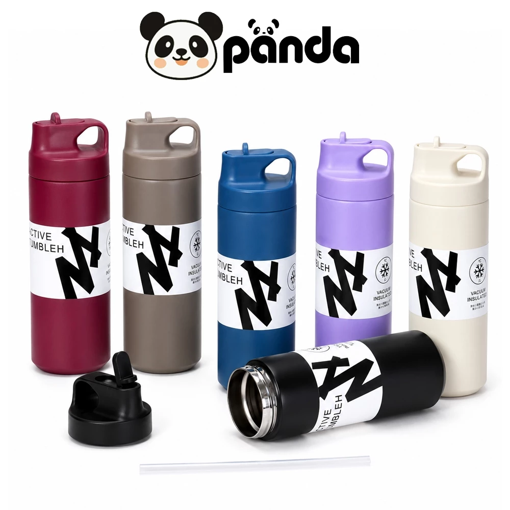 PANDA Minimal Tumbler Design กระบอกน้ำสแตนเลส ฝาพับ มีหลอดดูดน้ำที่ฝา มีหูหิ้ว ขนาด 550 ml