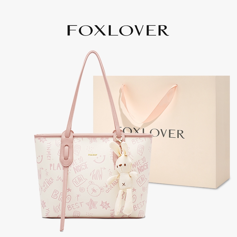 FOXLOVER กระเป๋าโท้ต สำหรับผู้หญิง ขนาดใหญ่ แถมอุปกรณ์กระต่ายเสริม เรียบง่ายทันสมัย กระเป๋าสะพายไหล่ใช้ประจำวัน