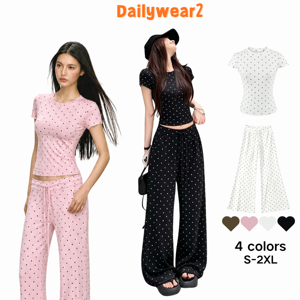 Dailywear เซตสองชุดสไตล์เกาหลีลายจุดเล็ก เสื้อครอปแขนสั้นรัดไหล่ กางเกงขาบานยาวคลุมพื้น ขาเรียวสวย