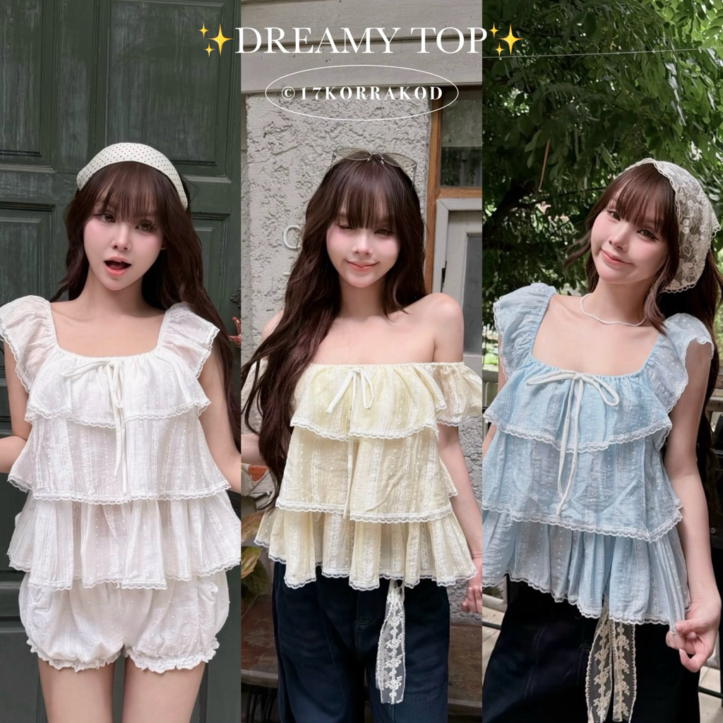 เสื้อแขนระบายทรงขนมชั้นผูกโบว์หน้า ดีเทลสม็อคใส่ขึ้นไหล่/ปาดไหล่ได้ น่ารักคุณหนู เกาหลี ผู้หญิง (Nusa Style)