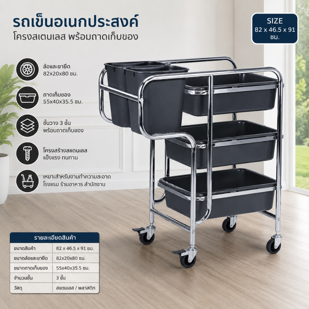 รถเก็บภาชนะ3 ชั้น พร้อมถังแยก 2 ใบ Service Cart F&B สำหรับโรงแรม วิลล่า รีสอร์ท เกสต์เฮ้าส์