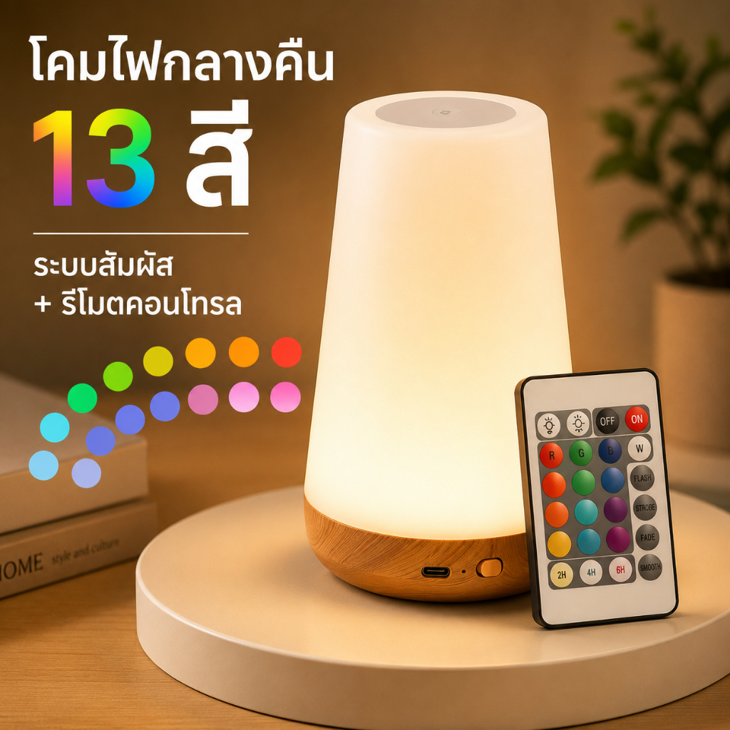 YAKO โคมไฟกลางคืน RGB 13 สี โคมไฟหัวเตียง LED ระบบสัมผัส รีโมทคอนโทรล ชาร์จ USB ตั้งเวลาได้