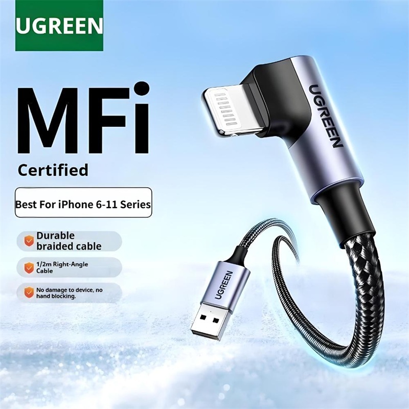 Ugreen 2.4A 90 องศา 3A MFI สายเคเบิลไนล่อนถักUSB-A สําหรับ iPhone 14 13 12 11
