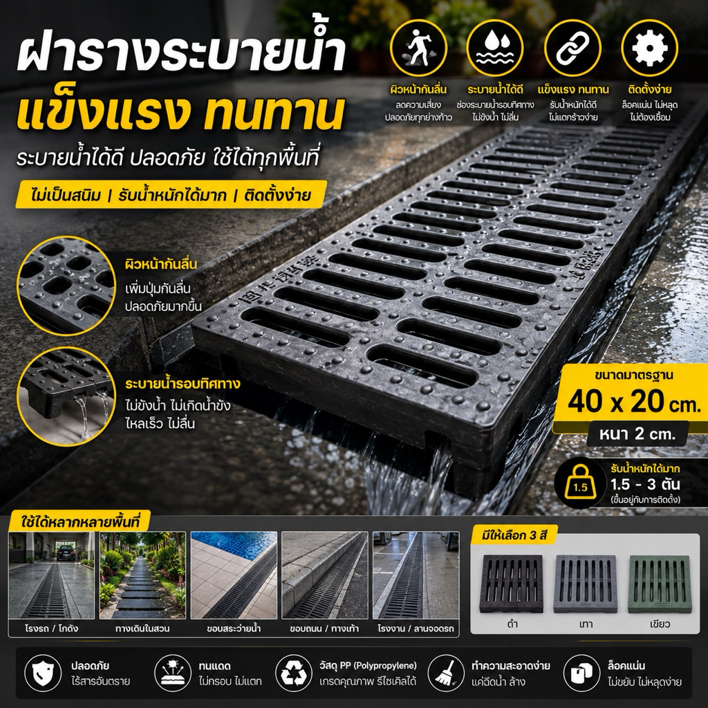 ฝารางระบายน้ำ โพลิเมอร์ ไฟเบอร์ หนา ขนาด 10 15 20 25 ซม สีดำ พร้อมส่ง ในไทย แผ่นทางเดิน แผ่นระบายน้ำ ตะแกรงรางระบายน