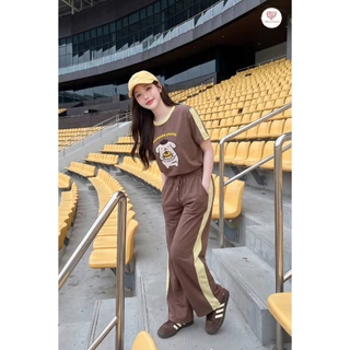 (มี3XL) มี 3 สี New Cute Set ผ้าวอร์มนาโนเนื้อนิ่ม เสื้อยืดปักลาย + กางเกงขายาวมีกระเป๋าข้างเอวสม็อคแต่งแถบข้าง