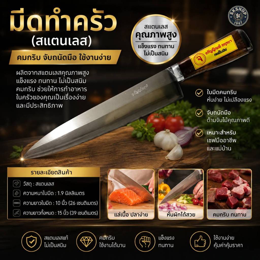 มีดอรัญญิกแท้ มีดทำครัวสแตนเลส ขนาด 15 นิ้ว ปลายแหลม