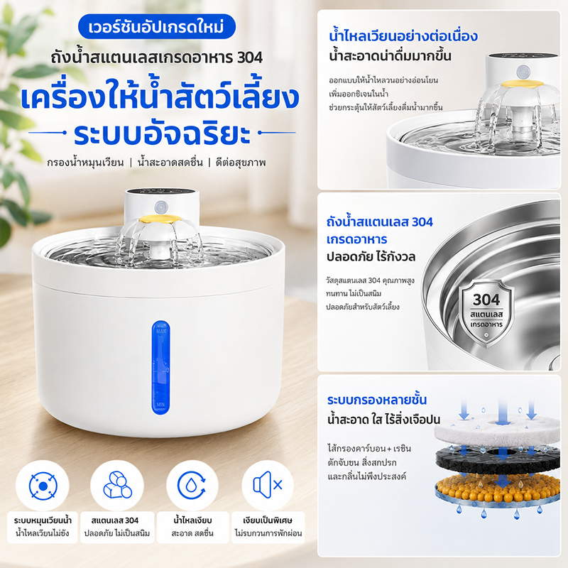 น้ำพุสัตว์เลี้ยง 2.5 ลิตร ตัวเครื่องพลาสติกเกรดอาหาร รูปที่ 3