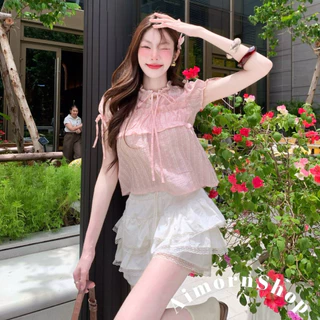 🔥aimorn_shop🔥 เสื้อคอกลม แต่งระบายช่วงคอ ช่วงอกเป็นแขนตุ๊กตา ผูกโบว์เพิ่มความน่ารัก