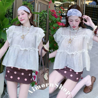 🔥aimorn_shop🔥 เสื้อคอกลม แต่งระบาย มีความฟรุ้งฟริ้งน่ารักมาก ผ้าบางพริ้ว ใส่สบายสุดๆ แมทช์ง่าย