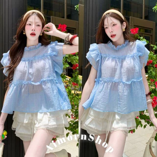 🔥aimorn_shop🔥 เสื้อคอกลม แต่งระบาย มีความฟรุ้งฟริ้งน่ารักมาก ผ้าบางพริ้ว ใส่สบายสุดๆ แมทช์ง่าย