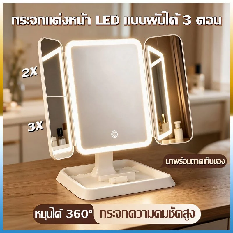 【COD】กระจกแต่งหน้าแบบตั้งโต๊ะไฟ LED ปรับได้3สี พร้อมถาดวางของ กระจกพับพกพา กระจกเครื่องสำอาง