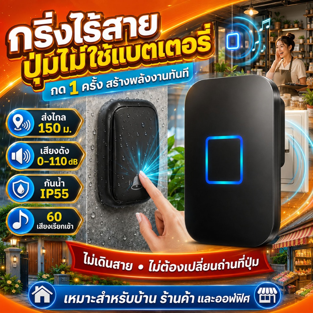 กริ่งประตูไร้สาย Chunhee ออดไร้สาย กริ่งไร้สาย กริ่งประตูบ้าน DC wireless doorbell ระยะการใช้งาน 30 เมตร COD