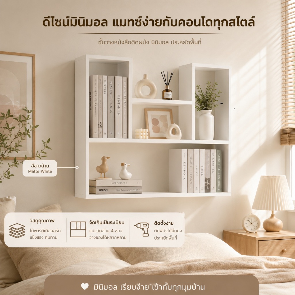 JJM ชั้นวางของติดผนัง ชั้นวางหนังสือติดผนัง มินิมอล ติดตั้งง่าย สำหรับห้องนอน ห้องทำงาน