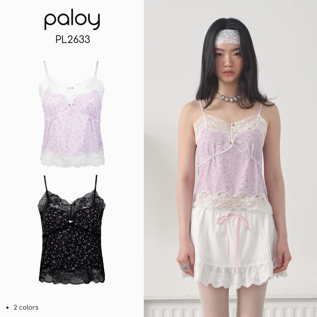 Paloy - PL2633 Flora Lace Top เสื้อสายเดี่ยว ผ้าพิมพ์ลายดอก ขอบลูกไม้