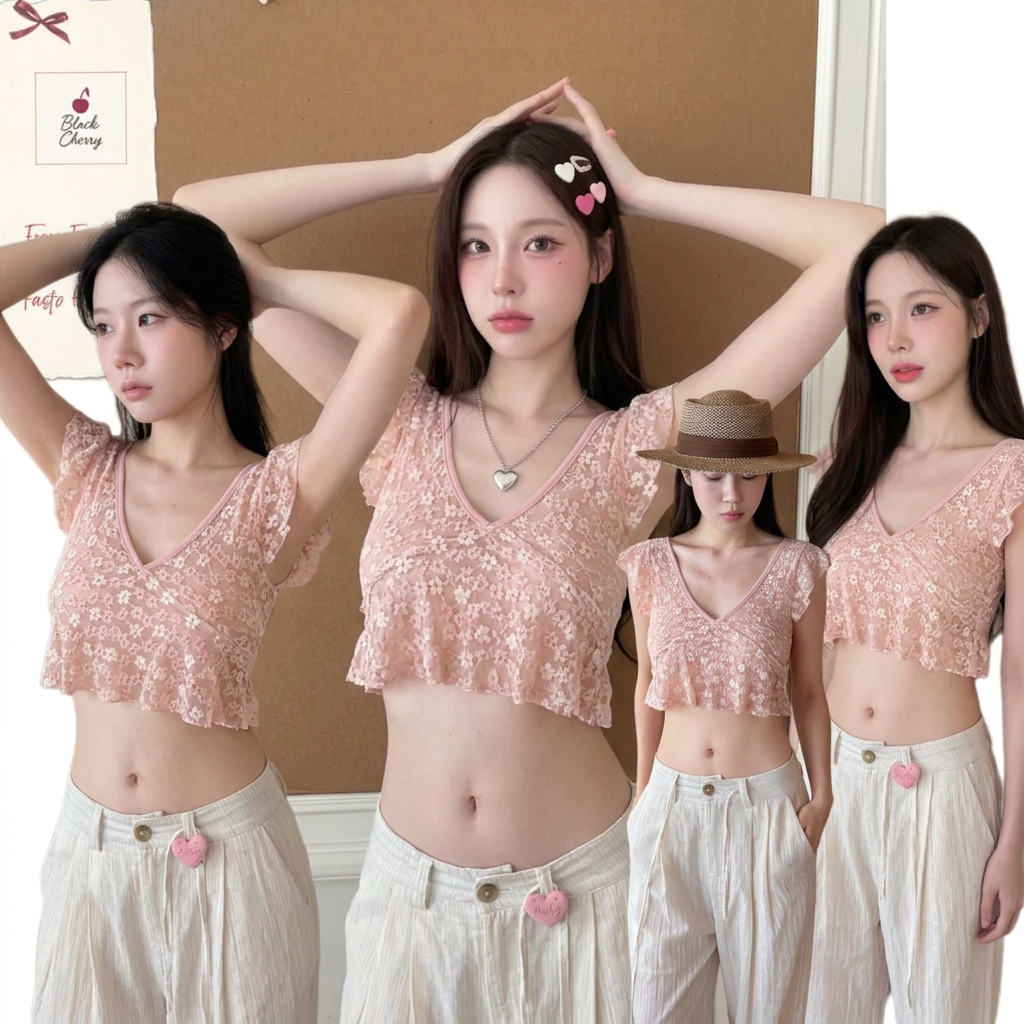 Black Cherry| เสื้อลูกไม้เอวลอย คอวีลึก ผ้าลูกไม้นิ่มลายดอก ใส่เที่ยวทะเลรับซัมเมอร์ Floral Lace Top