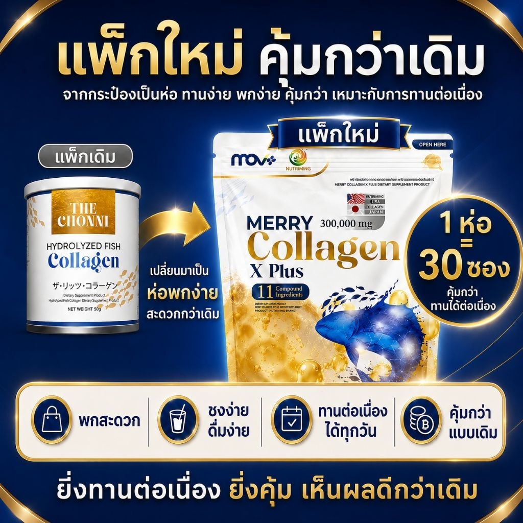 Collagen( เมอร์รี่) พรีเมี่ยมนำเข้า จบปัญหาผิว หมองคล้ำ ผิวดูเด็กลง ช่วยบำรุงข้อต่อและกระดูก บำรุงผมและเล็บ