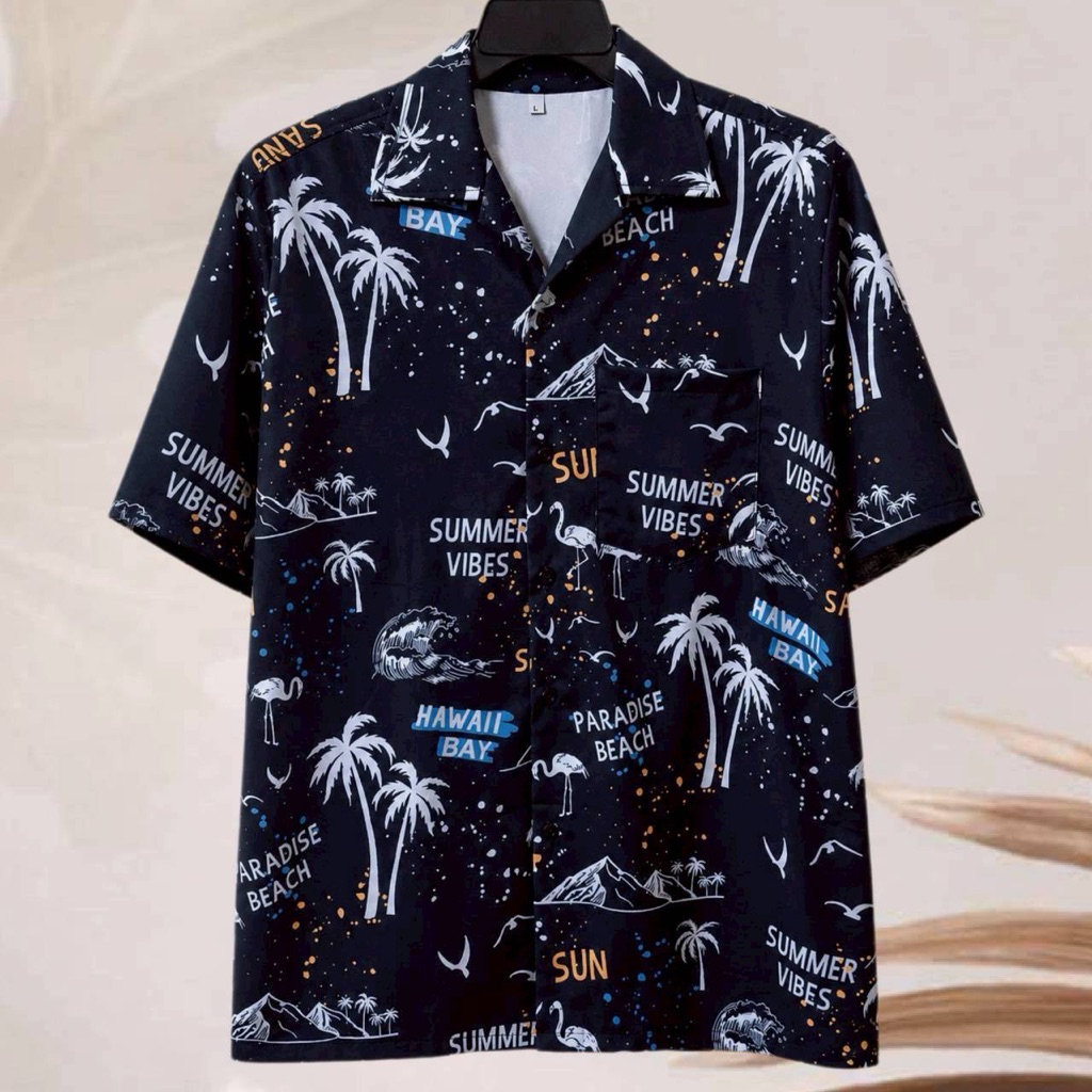 เสื้อเชิ้ตฮาวาย ลายต้นมะพร้าวกับนกฟามิงโก้ (พื้นสีดำ) ผ้าไหมอิตาลี