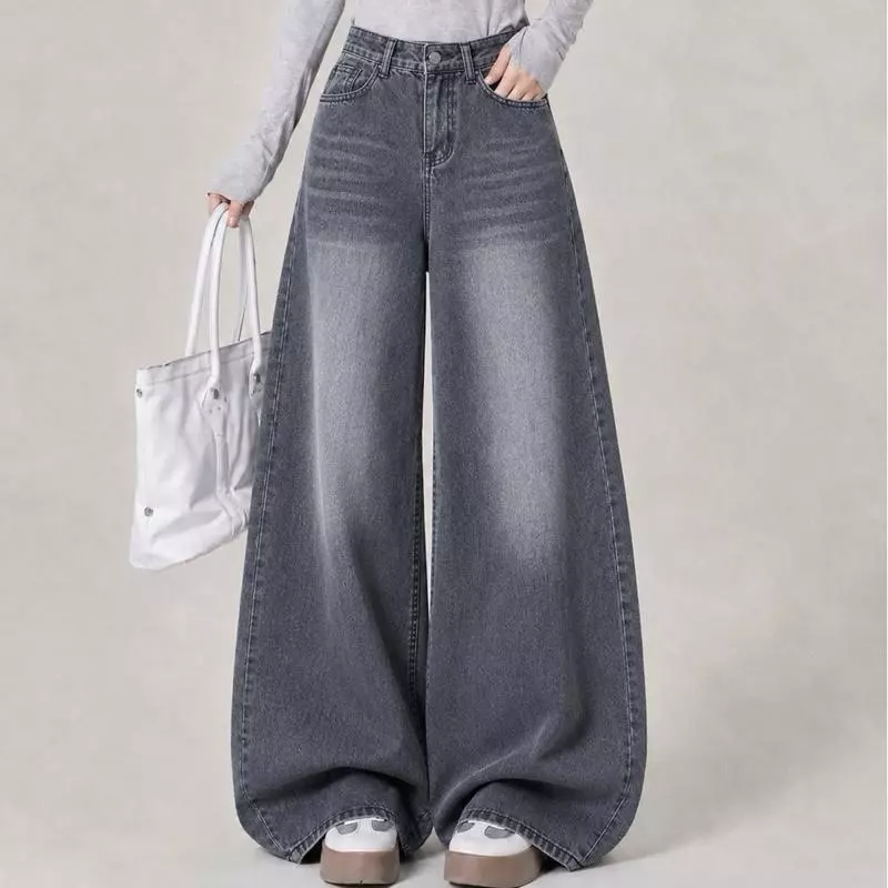 JINJEANS-107 | (XS-6XL) กางเกงยีนส์ทรงกระบอกใหญ่ baggy jeans สีเทาควัน เอวสูง เลือกความยาวได้