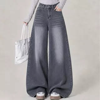 JINJEANS-107 | (XS-6XL) กางเกงยีนส์ทรงกระบอกใหญ่ baggy jeans สีเทาควัน เอวสูง เลือกความยาวได้