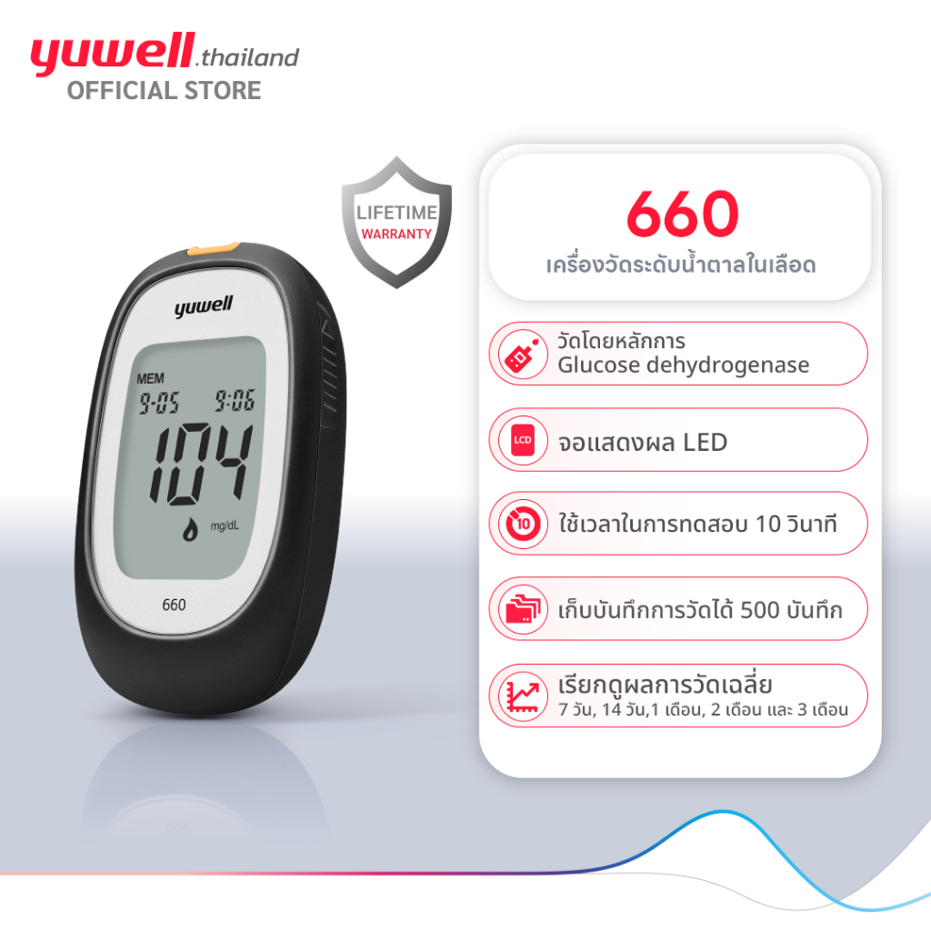 Yuwell เครื่องวัดระดับน้ำตาลในเลือดรุ่น 660 หน้าจอใหญ่ รับประกันตลอดอายุการใช้งาน