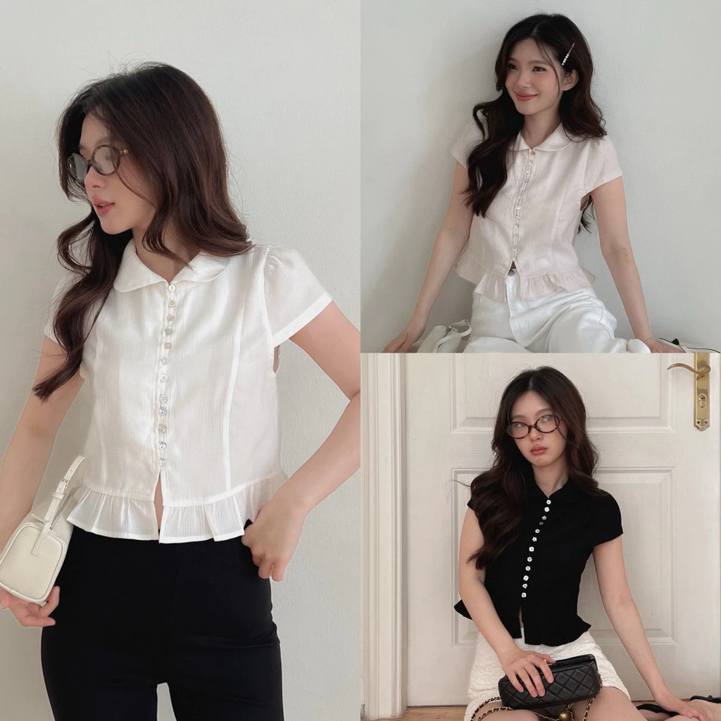 SHOP.POPO-Eva top เสื้อคอปกบัวกระดุมหอยชายระบาย