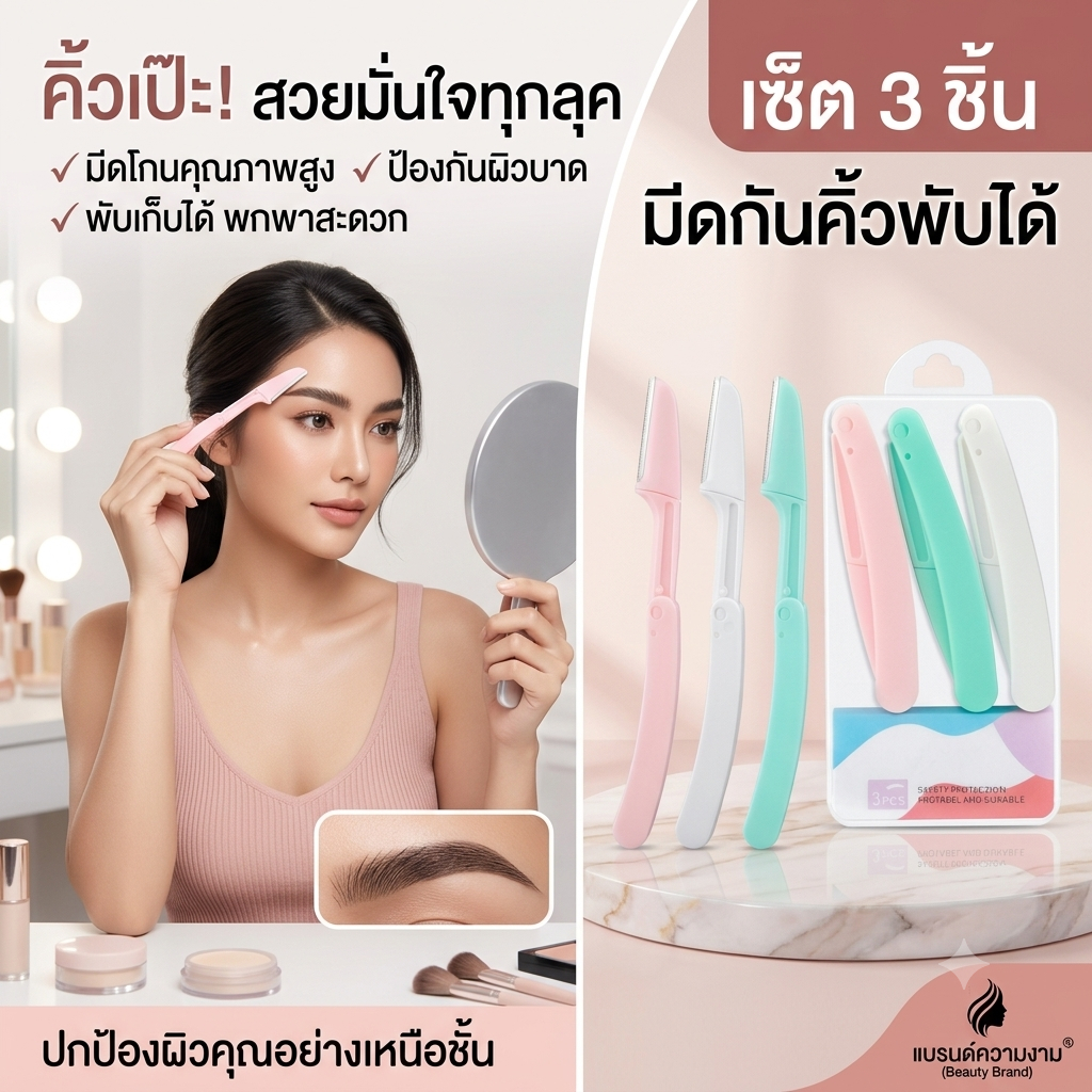 ชุดมีดกันคิ้ว 3 สี ดีไซน์พับได้ ป้องกันใบมีดปลอดภัย อ่อนโยนต่อผิวหน้า ใช้งานง่าย