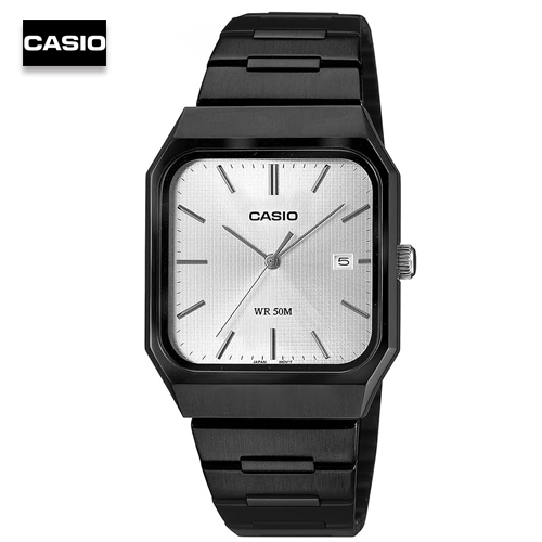 นาฬิกาข้อมือผู้ชายคาสิโอ Casio สายสแตนเลสเคลือบสีดำ หน้าปัดขาว รุ่น MTP-B185B-7AVDF, MTP-B185B-7A, M