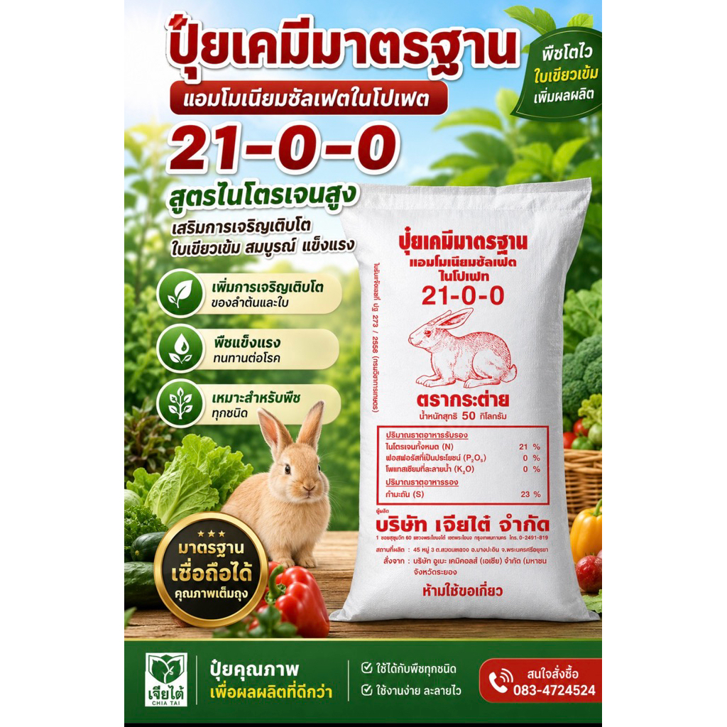 ปุ๋ย ตรากระต่าย สูตร 21-0-0 แพ็คแระหยัด เร่งต้น เร่งใบ ละลายน้ำง่าย