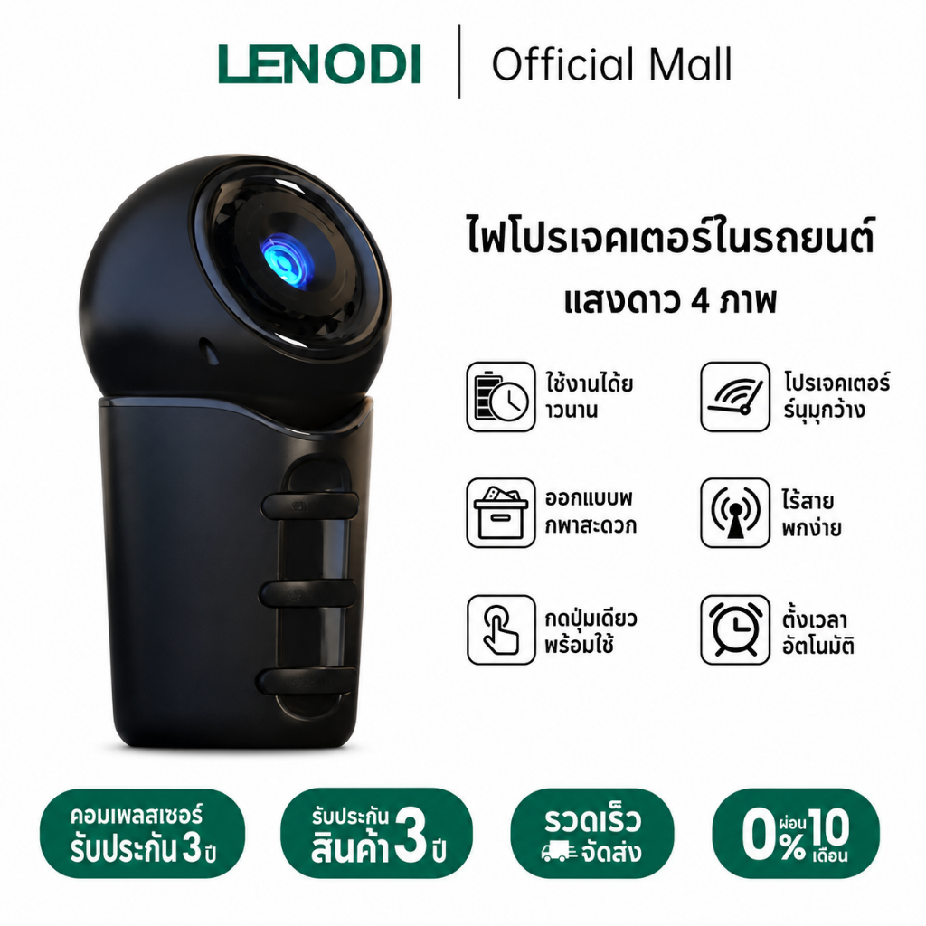 LENODI โคมโปรเจ็กเตอร์ดาวสำหรับรถยนต์และห้องนอนเด็ก พร้อมฟิล์ม 4 ธีม แสงส่องรอบทิศ 360° พกพาสะดวกไร้สาย