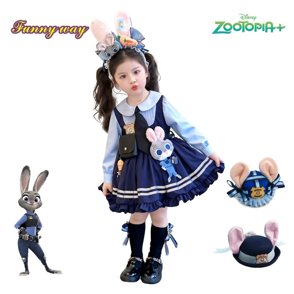 Judy Hopps ชุดคอสเพลย์เดรสพร้อมหูกระต่าย Zootopia ชุดคอสเพลย์โลลิต้าสำหรับเด็กผู้หญิง