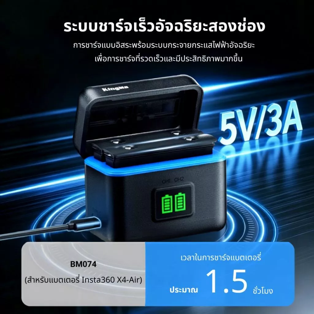 KingMa BM074 เคสชาร์จแบตเตอรี่ Insta360 X4 Air แบตเตอรี่ 2010mAh Dual Slot USB-C Fast Charge ชาร์จไว thumbnail 6