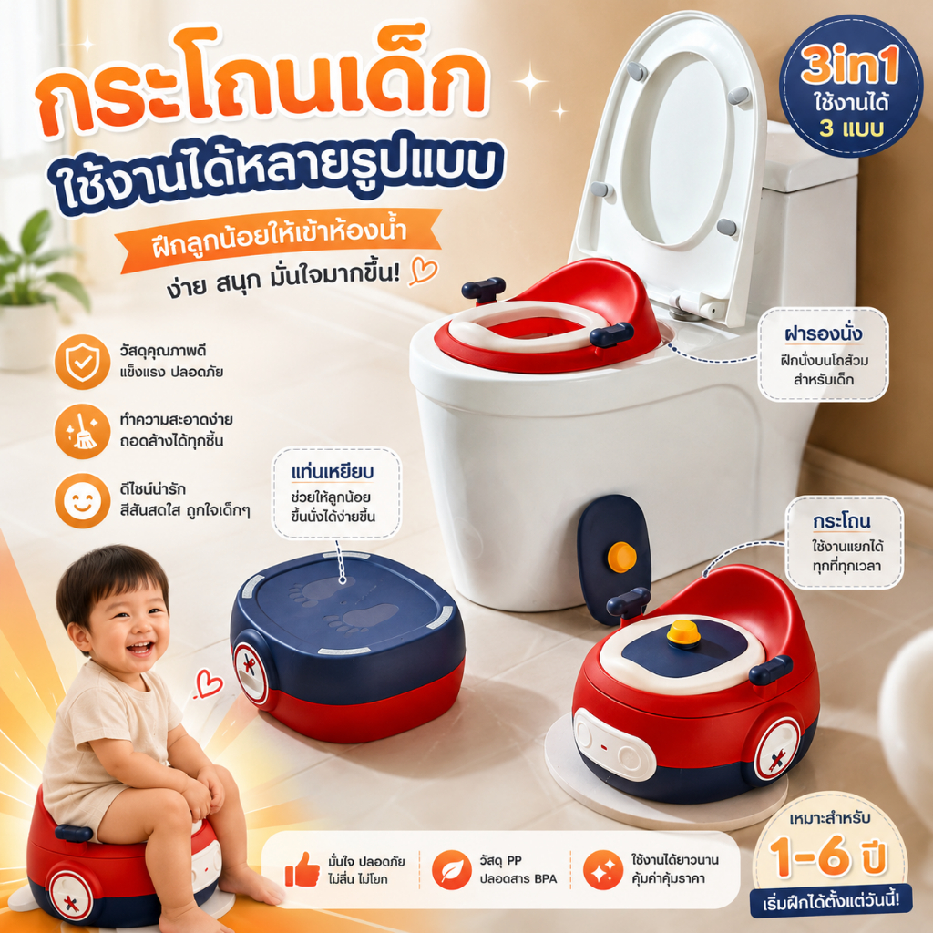 HHsociety กระโถนเด็ก กระโถนสำหรับเด็ก 3in1 กระโถนเด็กฝึกเข้าห้องน้ำ รุ่น DT-01