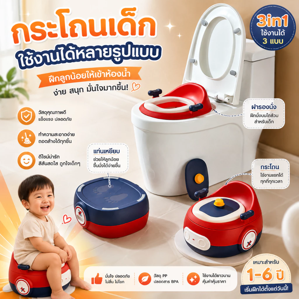 HHsociety กระโถนเด็ก กระโถนสำหรับเด็ก 3in1 กระโถนเด็กฝึกเข้าห้องน้ำ รุ่น DT-01