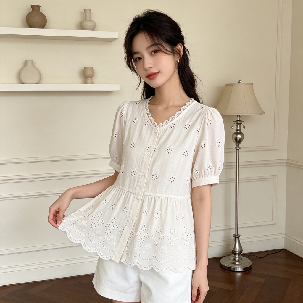 Beemory เสื้อแฟชั่นผู้หญิงลายฉลุสไตล์มินิมอล คอวีตกแต่งลูกไม้สุดละมุน แขนพองสั้นทรงสวย ทรงสวยใส่แล้วช่วยพรางหุ่น กระดุมห