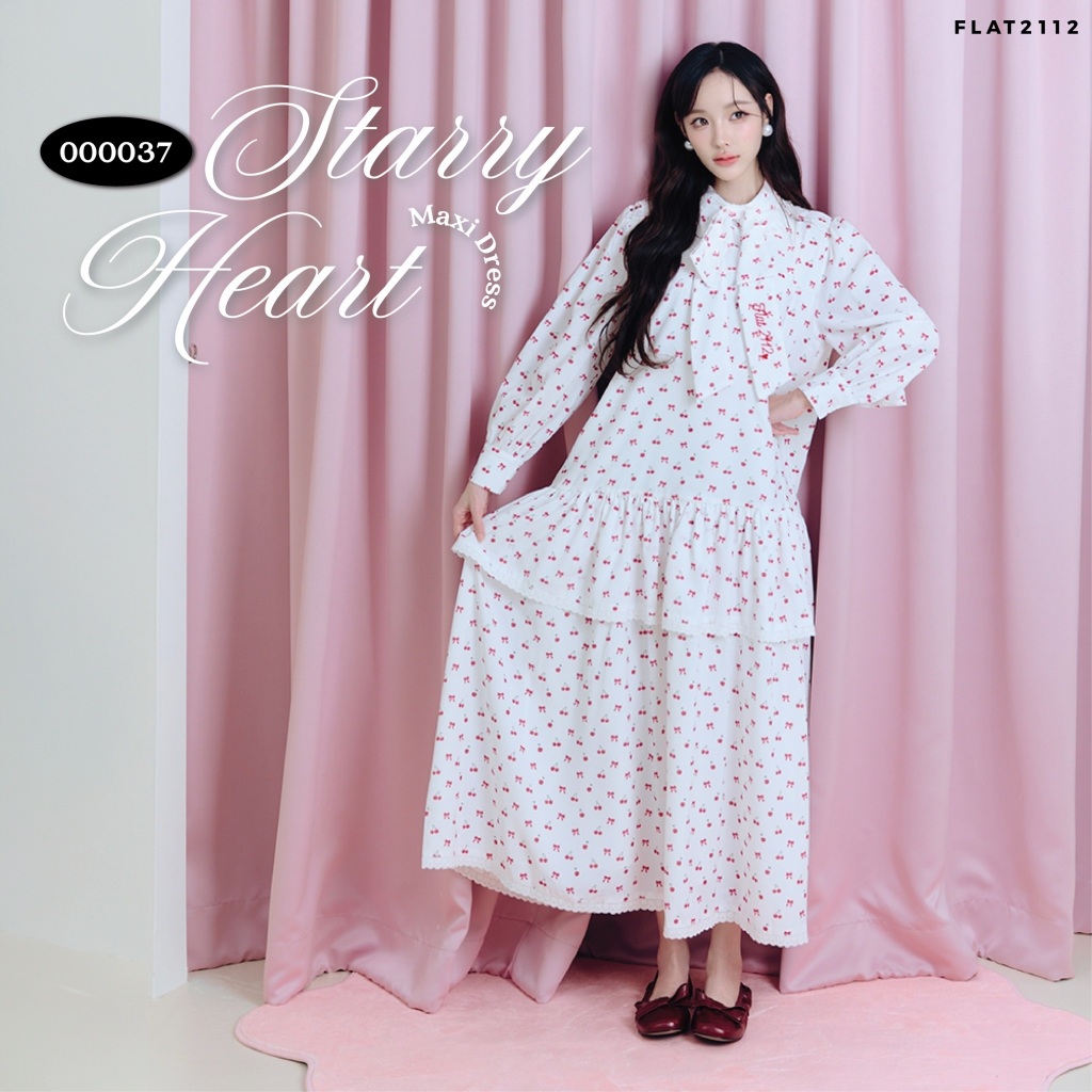 FLAT2112 : STARRY HEART MAXI DRESS เดรสยาวลายเชอร์รี่ดีไซน์หวานละมุน แต่งโบว์บริเวณกลางอกเพิ่มความน่ารัก (000037)